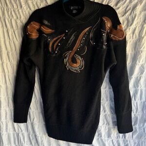 Vintage Le Chois Sweater S Black Silk Angora Leather Applique Studded 80s 90s